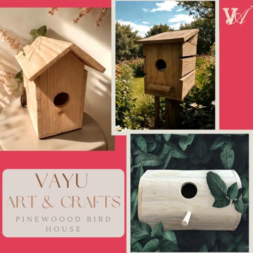 Image of Vayu Art & Crafts Pinewood Bird House || Sparrow Homes, for Balcony & Garden Hanging,Sparrow Nest /Chidiya Ka Ghosla || Made with Water Resistant Pine Wood || Size -10x15x17cm, 1 Pcs