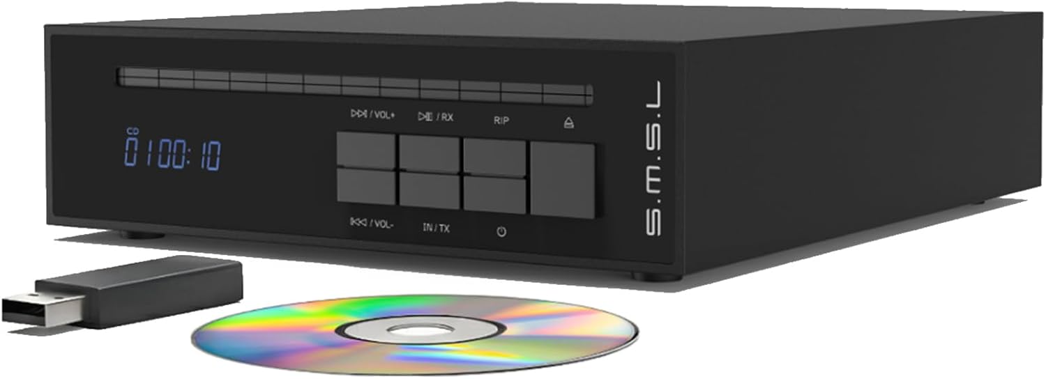 SMSL PL20 CD Player for Home CD Ripper Bluetooth Car CD Player with USB Ripping CS43131×2 Chip USB Drive/Bluetooth Input RCA/3.5mm/4.4mm Headphone/Optical/Coaxial/BT Output with Remote Control-Black