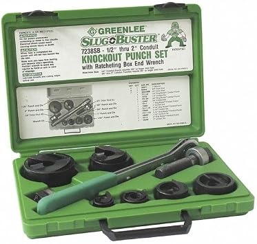 Greenlee 7238SB Slug-Buster Knockout Punch Kit with Hex Ratchet Wrench, 1/2 to 2 Punches, and 7/16 and 3/4 Draw Studs, Electrical Conduit Hole Cutter Kit, Low Carbon Steel