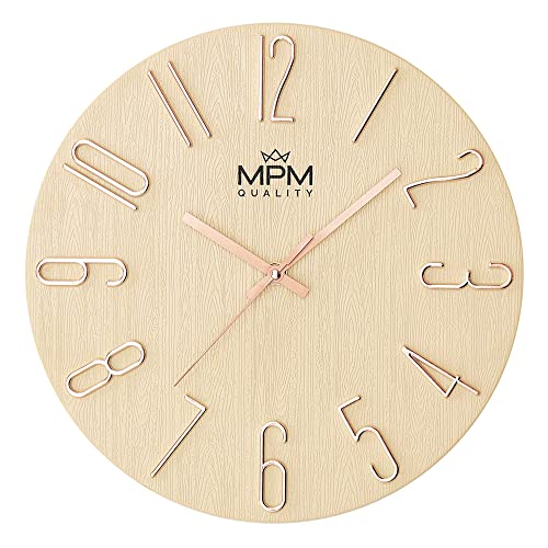 MPM Quality Design Wanduhr, Creme/Gold, Datum-Anzeige, 3D Ziffern, präzises Quarz-Uhrwerk, ∅ 305 mm, Moderne Wand-Deko für Wohnzimmer, Schlafzimmer oder Büro