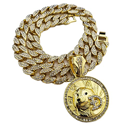 Gold plated Simulated Diamond DOGE COIN Medal Pendant & 15mm 16
