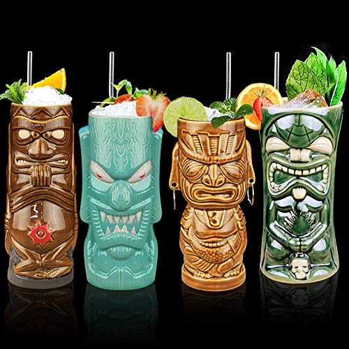Tiki Mugs Set of 4 — Large Ceramic Hawaiian Luau Party Mugs Drinkware Tiki Bar Mugs for Cocktails-TJB06 (4) - Thumbnail 2
