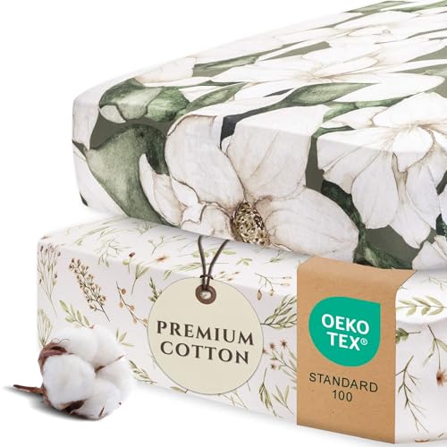 Image of Pobi Baby - 2-Pack Fitted Crib Sheets - Girl, Boys - Standard Crib Mattress, Neutral, Ultra-Soft Cotton, Floral - (Zephyr)