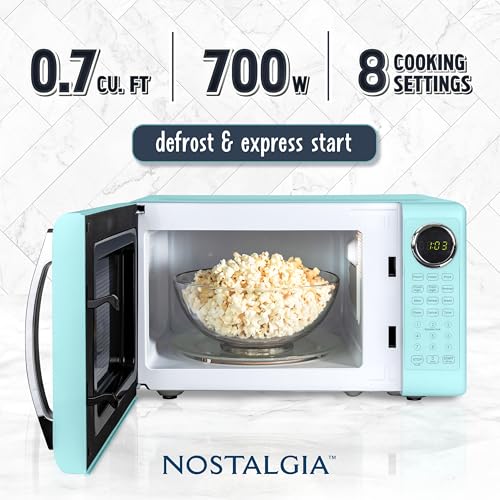 Image of Nostalgia Retro 700W Microwave Oven - 0.7 Cu Ft Capacity - Child Safety Lock, 8 Auto-Cook Settings, Square Window - Countertop Kitchen Appliance - Aqua