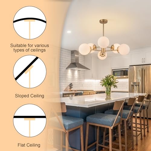 Image of 6-Lights Sputnik Chandeliers Gold Mid Century Modern Chandelier Fixture with Milk White Globe Glass, Dining Light Fixtures Ceiling Hanging for Living Room Bedroom Kitchen Island Foyer