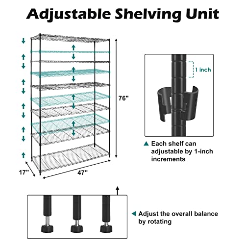 Image of WDT NSF Certified Storage Shelves on Wheels, Heavy Duty Metal Shelves for Storage with Adjustable Stand, 6-Tier Wire Shelving Unit for Garage Pantry Kitchen Shelf Rack(17 inch W*47 inch D*80 inch H), Black