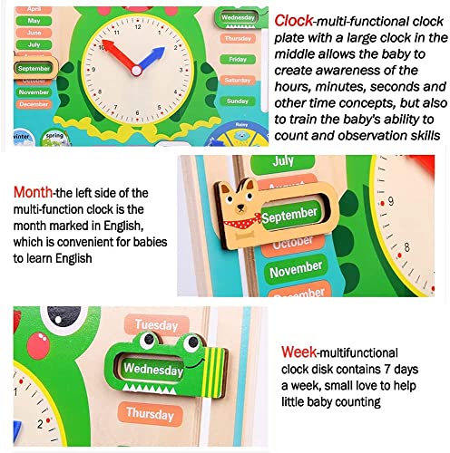Image of PLUSPOINT Calendar Clock Wooden Learning Toys Kids, Multifunctional Wooden Frog Teaching Clock Calendar,Weather,Season,Time,Week Telling Preschool and Fun 3-14 Years Old