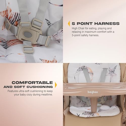 Image of Baybee Nivio 3-in-1 Convertible High Chair for Kids Adjustable Baby Feeding Chair with Swing, Recline, Detachable Tray, 5-Point Harness, Foldable Design, Multi-Height & Footrest Settings 6 Months to 5 Years Kids (Beige)