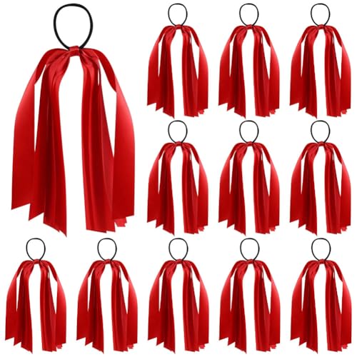 Umibow 12 Pcs Cheer Hair Bow Ties Long Tassel Elastic Hairbands Handmade Ponytail Holders Hair Ribbon Cheer Hair Bands Hair Accessories for Women Girls(Red)