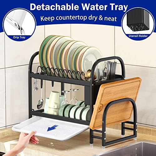 MOKANI 2 Tier Dish Drying Rack, Anti-Rust Dish Drainer Rack with Drip Tray, kitchen Drainer Plate Drying Rack with Draining Board and Utensils Holder for Kitchen Countertop (Black)