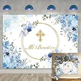 Mi Bautizo Backdrop First Holy Communion Baptism Christening Party Decorations Banner Blue Floral Glitter Gold Dot Newborn Baby Shower Photography Background Photo Booth Props (82x59 inch (7x5FT))
