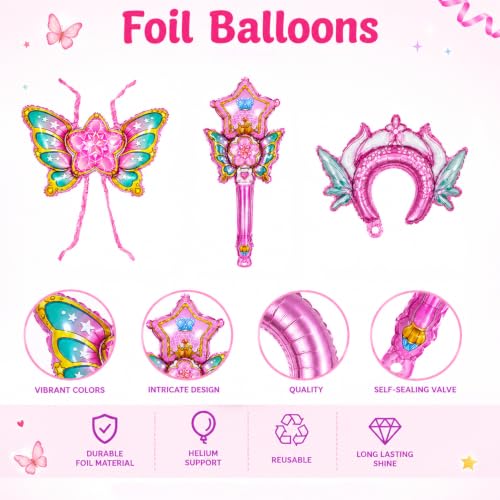 Image of Pink Butterfly Fairy Theme Foil Balloons For Kids Birthday Party. Set of 3 Pcs