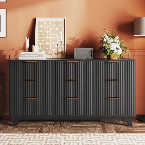 Image of VINGLI Black Dresser 9 Drawer, Fluted Dresser with Rounded Edges, 57 inch Long Modern Dressers for Bedroom, Black and Gold, 57 inch W*15.75 inch D*29.92 inch H