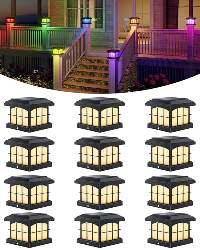 PARTPHONER Solar Post Cap Lights 12-Pack 9 Colors 3 Modes