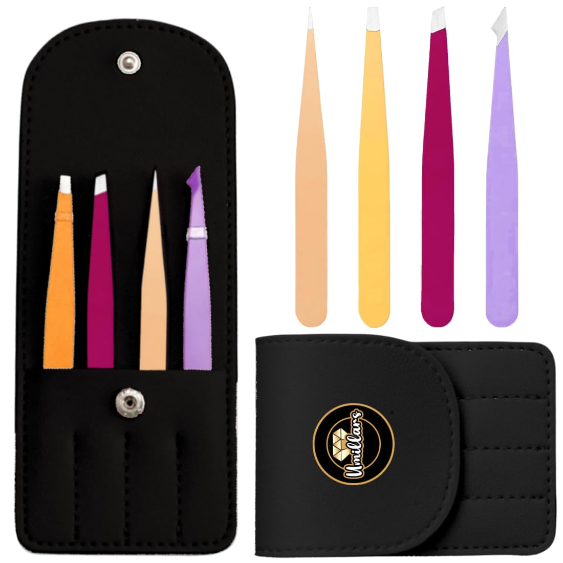 Umillars 4-piece Tweezers for Eyebrows, Slant Tip and Pointed Eyebrow Tweezer Set Great Precision for Eyebrows Facial Hair, Ingrown Hair, Splinter, Blackhead and Tick Remover (BLACK)