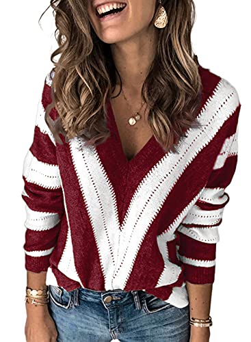 Image of FEKOAFE Womens 2026 Deep V Neck Sweaters Striped Long Sleeve Knit Pullover Sweaters for Women