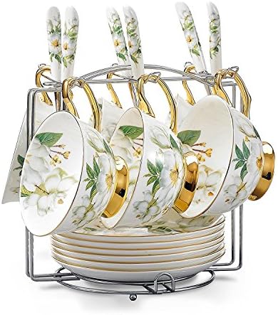 NDHT Set of 6 Bone China Bone China Teacups/Coffee Cups & Saucers Sets with Spoons-6.7Oz, for Home,Restaurants, Display for Family Or Friends,Golden,with a bracket,White and Green