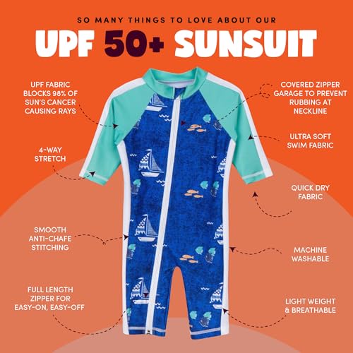 SwimZip Little Boy Long Sleeve Sunsuit with UPF 50 Sun Protection, Blue Sailboat, 0-6 Months