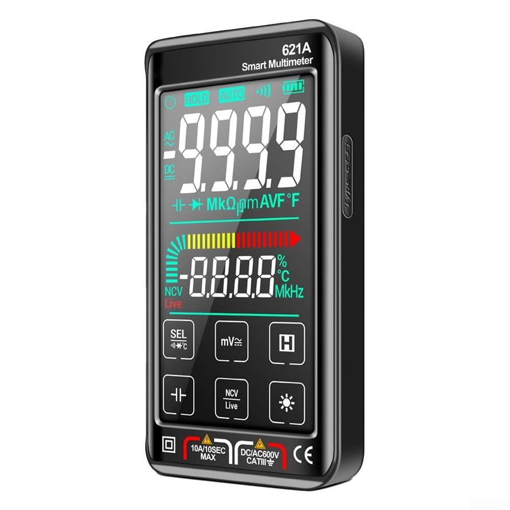 621A Rechargeable Smart Digital Multimeter with Large Display True RMS Measurement Auto Range High Count AC DC Voltage Current Resistance Testing for Electricians DIY(black)