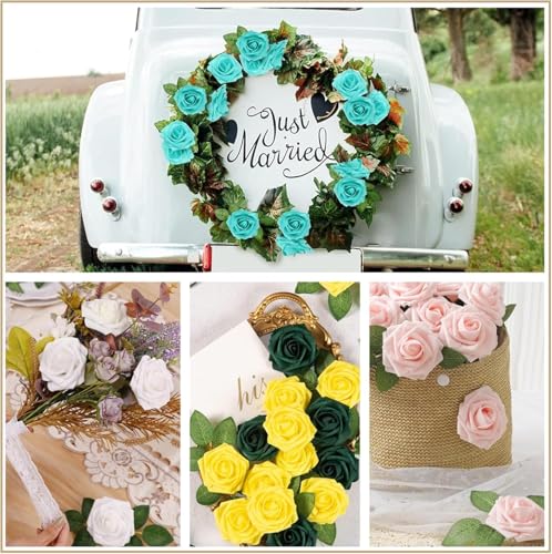 25Pcs Blue Artificial Roses, Real Touch Foam Roses with Stems, 4 Leaves, Artificial Flowers for Wedding, Bridal Bouquets, Cake, Grave Stone, Table Centerpieces, Baby Shower, Funeral Decoration - Image 5