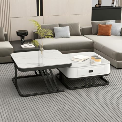 Image of Two Square Stacking Nesting Coffee Tables with Metal Frames, Wooden Tops, and Handcrafted Drawers Make up This Contemporary Centre Couch Table for Living Rooms bedrooms, & Apartments (Bk Wht)