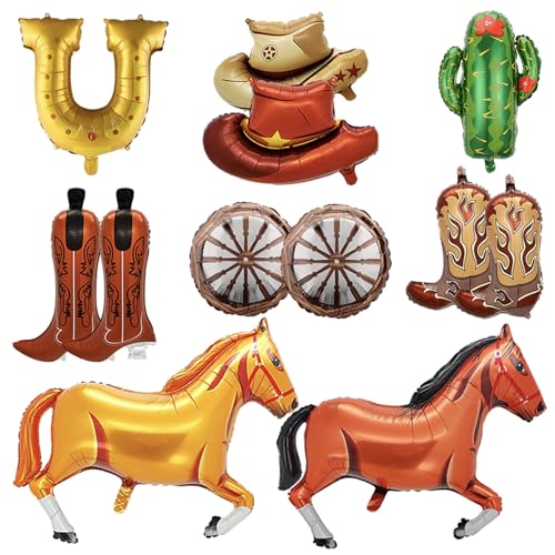 12 Pcs Western Cowboy Themed Horse Balloon Kit Western Party Decorations Including Horse Boots Hats Cactus Horseshoes Wheels Balloons for Cowboys and Cowgirls Birthday Party Decoration