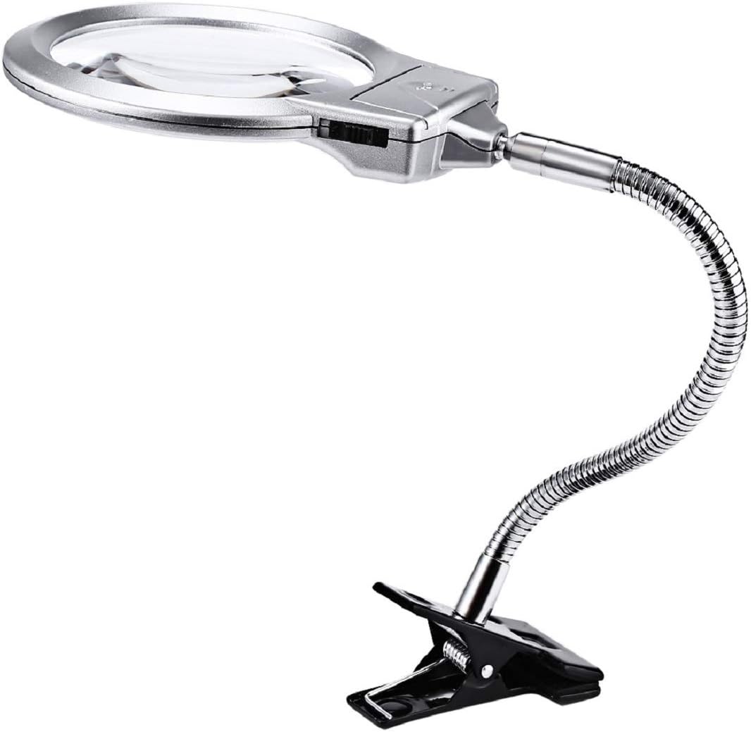 Magnifers Lighted Hands Free,Pro-Flex Desk Led Magnifying Glass Lamp 2.25X 5X Insert Lens Desktop Table Lamp for Close Work, LED Lighted Gooseneck Magnifier with Clamp for Reading Silver