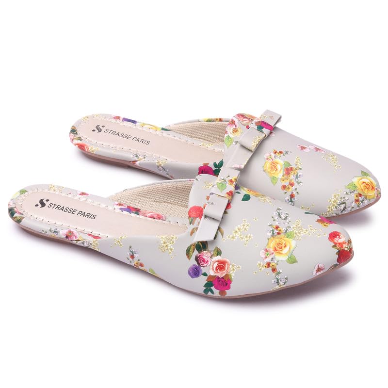 STRASSE PARIS Womens & Girls Grey Flower Embellished Mules with Bows Flats| Amazing Style Modern Design Flat Ballerinas | Office Wear, and Casual Wear. (Numeric_4) (B09X1VD3K8) Amazon Price History, Amazon Price Tracker