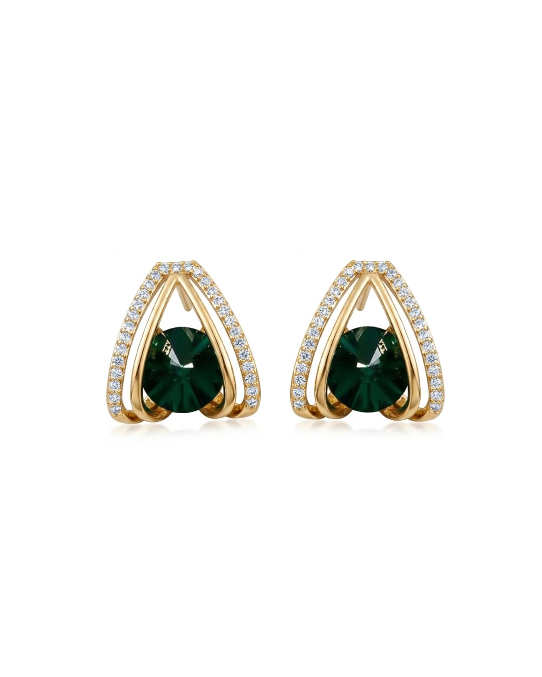 Gold Tone Geometric Triangle Stud Earring with Green Crystal Stone, Elegant Minimal Style for Women-image-47