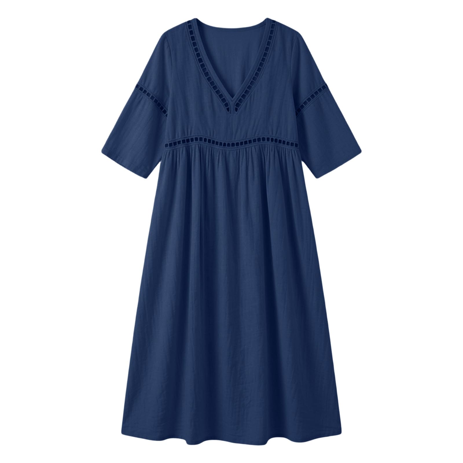 Robe Ete Femme Longue Robe Coton en Lin Robes Legere Fluide Robe de Plage Chic et Elegant Robes à Manche 7/8 Décontractée Dress Boheme Col en V Classique Vêtements Grande Taille Vêtements XS-5XL