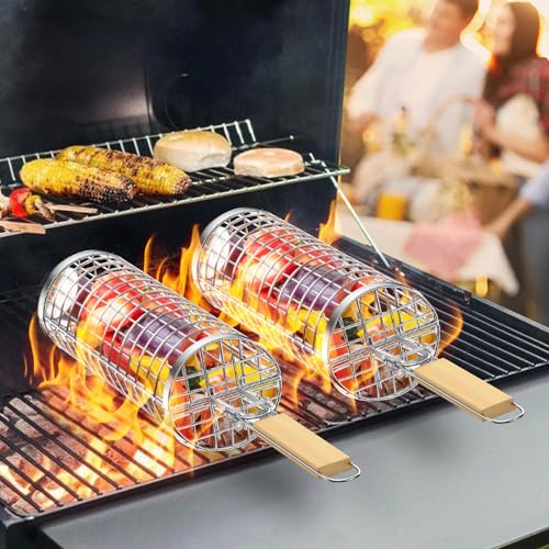 Drehgrillkorb – Edelstahl Grillkorb mit Holzgriff, ideal für Gemüse, Fleisch & Fisch – Grillzubehör für Drehspieß & Holzkohlegrill