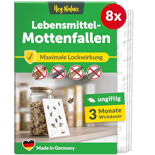 Hey Nature Lebensmittelmotten Falle, 8 Stück, Mottenfalle Lebensmittel, insektizidfreie Pheromonfalle mit maximaler Lockwirkung zur Befallsermittlung, Monitoringfalle gegen Lebensmittelmotten