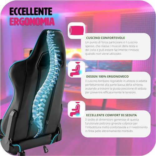® Poltrona da Ufficio Ergonomica, Sedia Gaming con Braccioli Imbottiti, Doppie Rotelle Resistenti, Struttura Robusta, Regolabile, Portata fino a 120 kg - Nero/Azzurro - Sedia gaming - Immagine 5