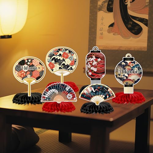Image of Hibachi Birthday Party Decorations - 12 Pcs Japanese Paper Folding Fans Lanterns Honeycomb Centerpieces Set, Cherries Blossom Flowers Cranes Happy Dinner Supplies Table Decor for Men Women