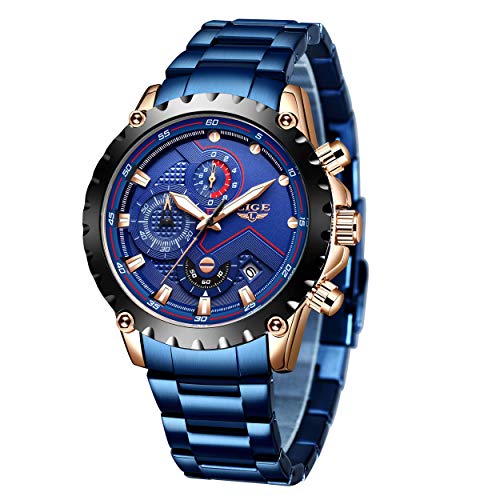 LIGE Watches Mens Luxury Stainless Steel Waterproof Analog Quartz Watch with Chronograph Business Dress Wrist Watch (Steel Gold Blue)