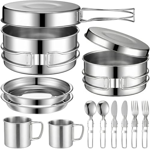 14-Piece Camping Cookware Set, 304 Stainless Steel Pots and Pans ...