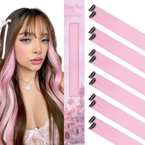 WENNALIFE 12 Stück Pink Haarsträhnen Zum Einklipsen, Clip in Haar Extensions Bunte Kinder Haare Zum Einflechten, Mädchen Gerade Party Haarverlängerungen Zubehör
