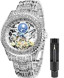 FANMIS Orologio da polso da uomo di lusso, con incisione unica, motivo tatuaggio, cinturino in acciaio inox, luminoso, orologio scheletrato automatico, Argento, Meccanico, orologio scheletro