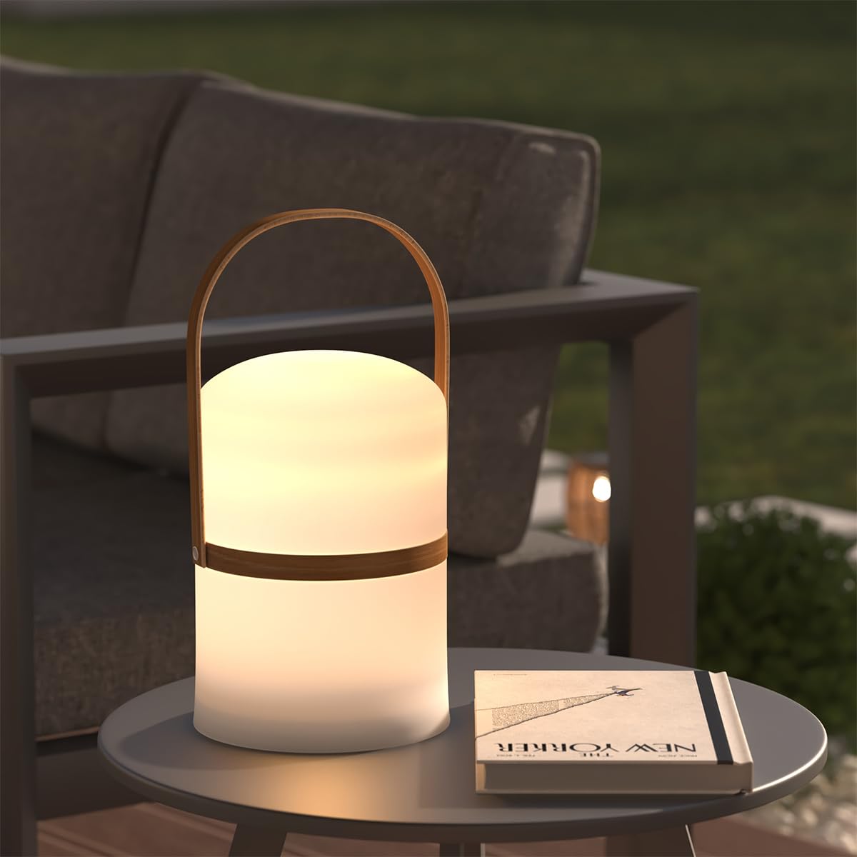 Atmosphera - Lampe Nomade d'Extérieur LED Kiara Blanche, H 36 cm, Anse Effet Bois, Rechargeable - Pour Jardin, Terrasse, Lanterne Décorative