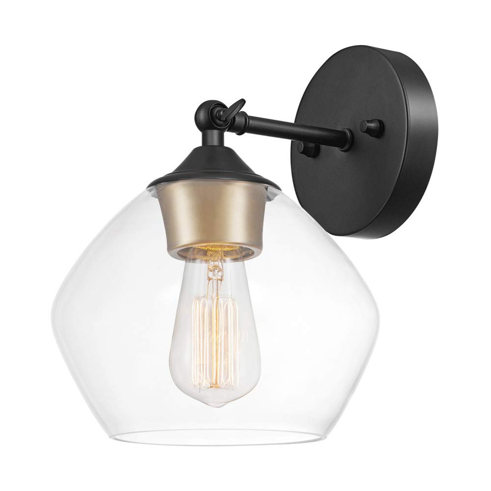 Globe Electric 1-Light Wall Sconce, Matte Black, Gold Accent, Clear Glass