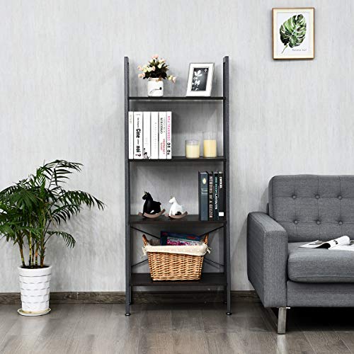 Giantex Ladder Shelf 4-Tier Industrial Bookshelf Storage Rack Shelves For Home And Office Use, Wood Display Rack With Metal Frame (Gray) #TOP2