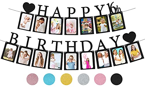 Sweet 16 Birthday Decorations Photo Banner in Black Pre-assembled - Sweet 16 Banner WITH Sixteen Photo Card Frames Party Supplies - Happy 16th birthday decorations for girls with 16 Signs by PartyHooman - Used condition - US$11.05