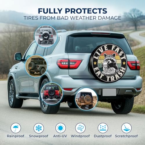 Image of GENANY Raccoon Retro Humor Spare Tire Cover for RV Trailer, Waterproof, No Camera Hole, Size 18 Fits 33-35 Inch