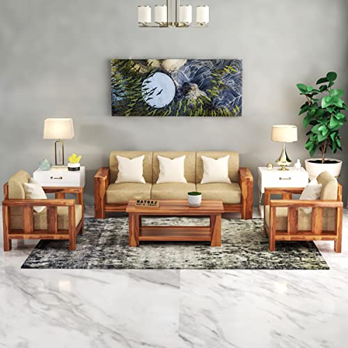 NATRAJ ART & CRAFT Sheesham Wood 5 Seater Sofa Set with 40 Density Cushion for Living Room | Solid Wood Furniture for Home & Office | Lounge Sofa (Honey)