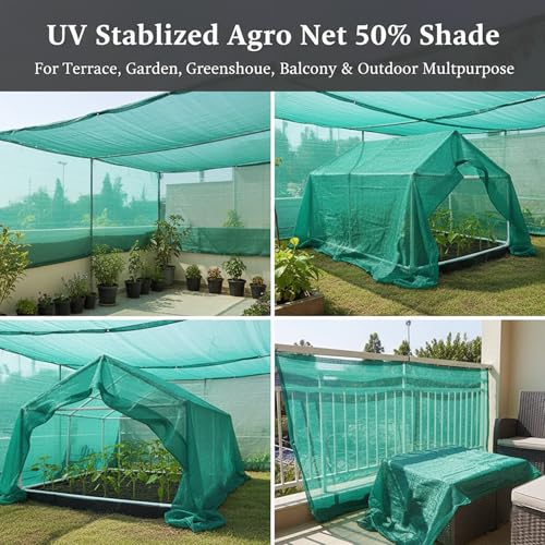 Image of Green Net for Garden Balcony Sunscreen Fabric Bird Control Agriculture Sun Protection Parking Net House UV Stabilized Plant Netting Multipurpose 50%, Shade Net (Green, 7FT X 10FT)