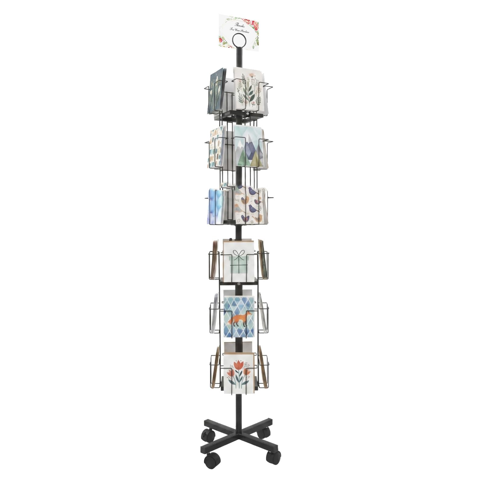 Ginelm Greeting Card Rack Display Stand, 6 Tier Rotating Cards Holder Display Retail with Locking Wheels, 24 Pocket Metal Postcard Holder for Postcards, Brochures