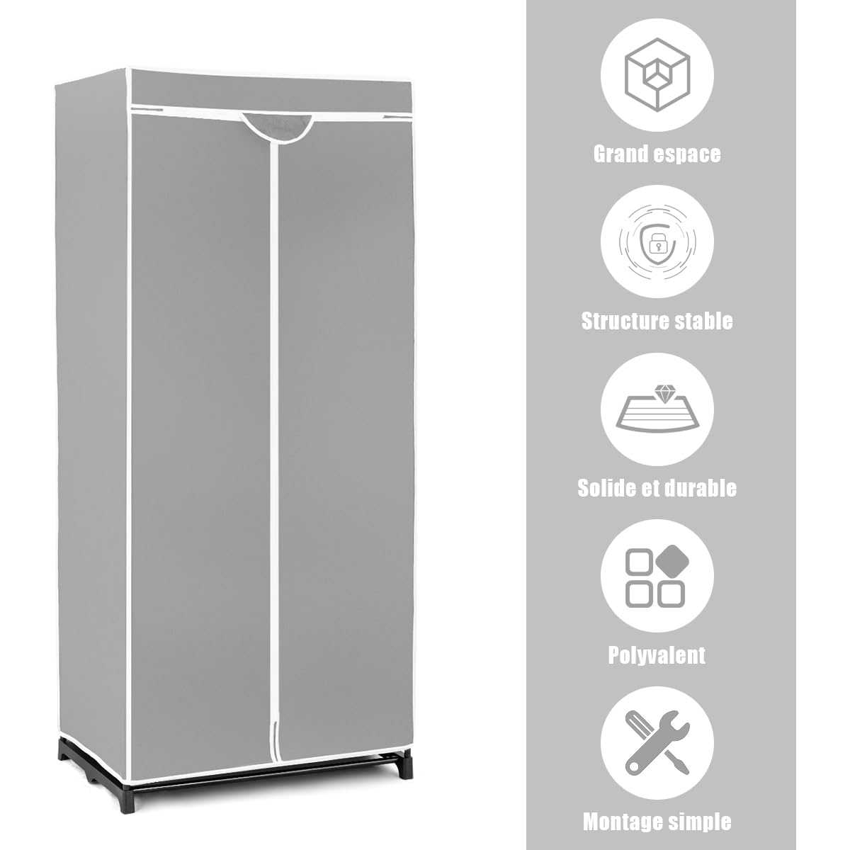 Armoire en Tissu Pliable et Peu encombrante avec Housse Anti-poussière, Armoire de Chambre verrouillable avec Fermeture éclair pour Chambre, Salon, 74 x 50 x 172 cm (Gris)