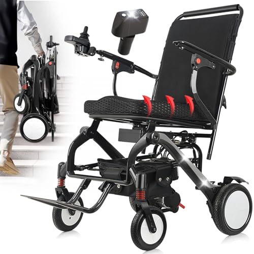 44lb Electric Wheelchair Lightweight Foldable Carbon Fiber Electric Wheelchairs, LED Light Intelligent Motorized Wheelchair for Seniors All Terrain Wheelchairs Portable Airline Approved