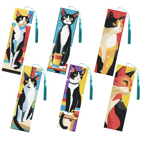 FREEBLOSS 6pcs DIY Diamond Art Bookmarks Kit Fun Cat Pattern Diamond Painting Bookmark with Crystal Pendant DIY Rhinestone Beaded Bookmarks Set for Book Lovers Adults Arts Craft Supplies, 2.3x7.7