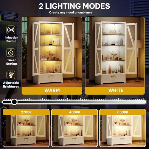 DWVO Display Cabinet with LED Lights, 61" Metal Display Case with Glass Barn Doors for Collectibles, Organizer Cabinet with 3 Adjustable Shelves and Drawer for Living Bedroom, Office, White